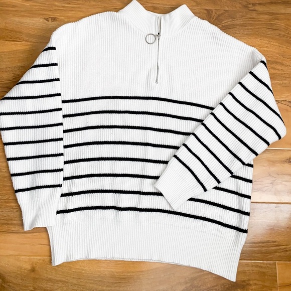 Striped White Black Knit Sweater Quarter Zip Relaxed Fit Sailor Minimalist Cozy - Picture 8 of 10